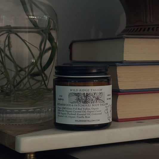 100% Non-GMO Grass-Fed Whipped Cedarwood & Patchouli Body Tallow (4oz Jar) - Made In NC