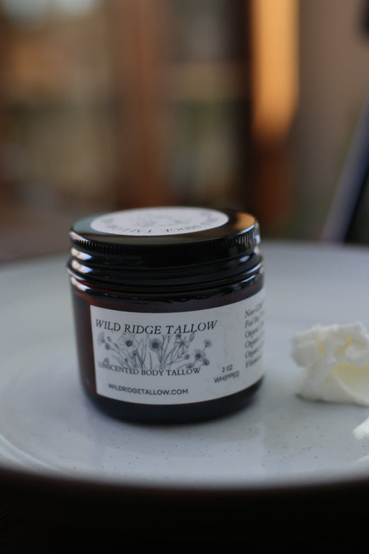 100% Non-GMO Grass-Fed Whipped Unscented Body Tallow (2oz Jar) - Made In NC - Wild Ridge Tallow