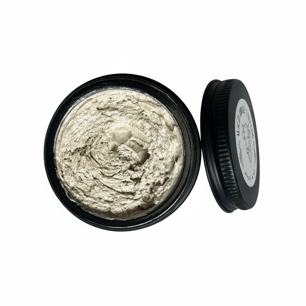 Open container of cream with a lid on a white background